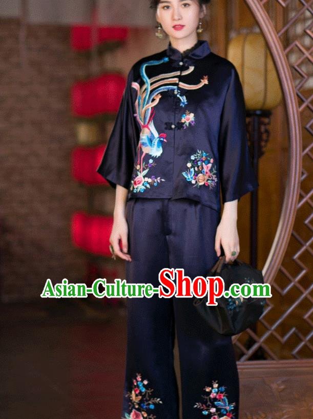 Chinese Traditional Costume Embroidered Phoenix Blouse Tang Suit Navy Satin Shirt Upper Outer Garment