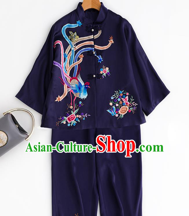 Chinese Traditional Costume Embroidered Phoenix Blouse Tang Suit Navy Satin Shirt Upper Outer Garment