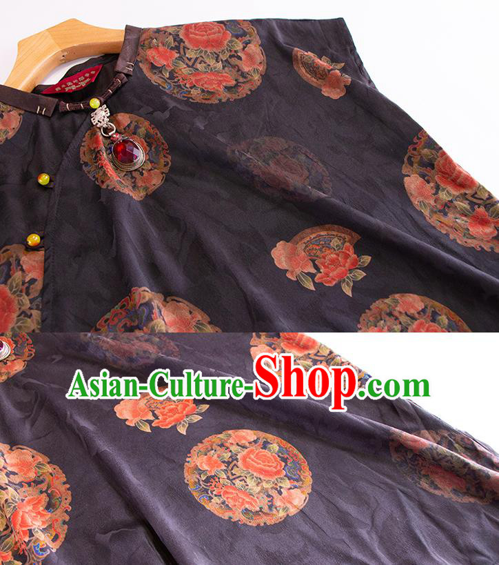 Chinese Classical Black Silk Shirt Tang Suit Costume Traditional Blouse Upper Outer Garment