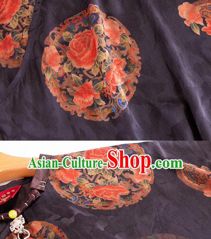Chinese Classical Black Silk Shirt Tang Suit Costume Traditional Blouse Upper Outer Garment