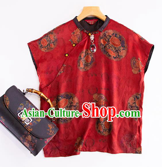 Chinese Classical Peony Pattern Red Silk Shirt Traditional Blouse Upper Outer Garment Tang Suit Costume