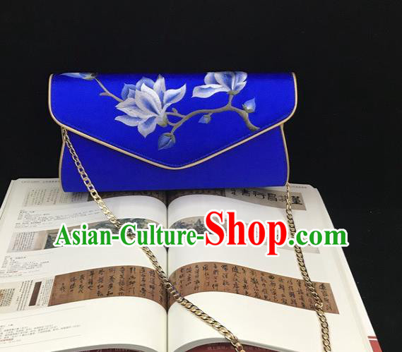 China Cheongsam Evening Bag Handmade Suzhou Embroidery Handbag National Royalblue Silk Chain Bag