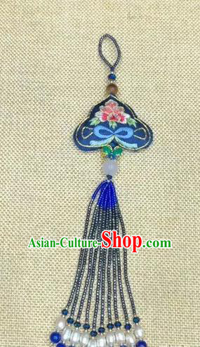 China Traditional National Cheongsam Pendant Beads Tassel Accessories Suzhou Embroidery Navy Silk Brooch