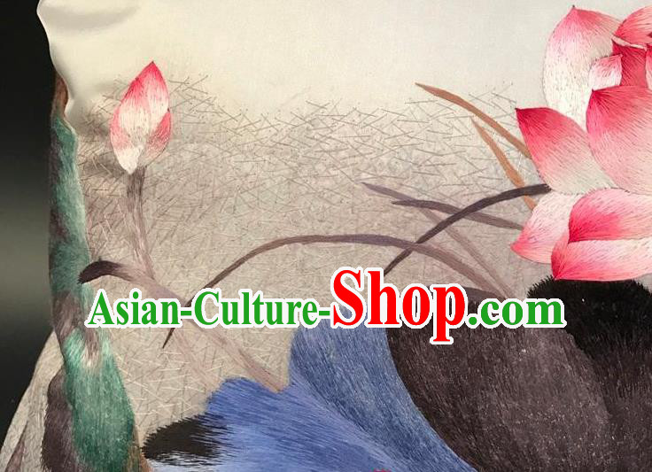 China Traditional Embroidered Lotus Beige Silk Pillowslip Suzhou Embroidery Cushion Cover