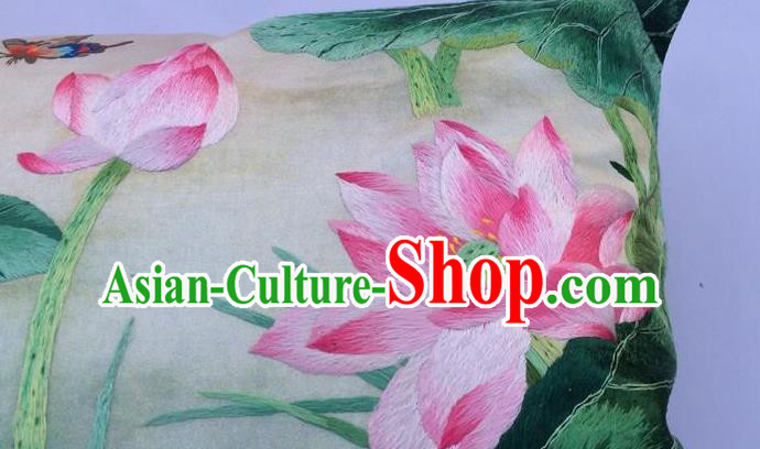 Traditional China Embroidered Silk Pillowslip Handmade Suzhou Embroidery Lotus Cushion Cover