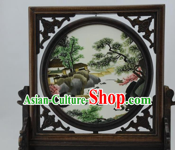 China Handmade Ornaments Embroidered Craft Rosewood Table Decoration Traditional Suzhou Embroidery Landscape Desk Screen