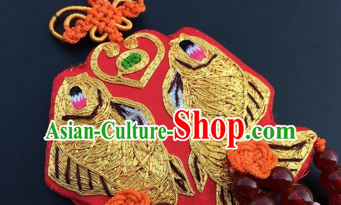 China Lucky Charms Traditional Embroidered Car Accessories Embroidery Double Fish Tassel Pendant New Year Decoration