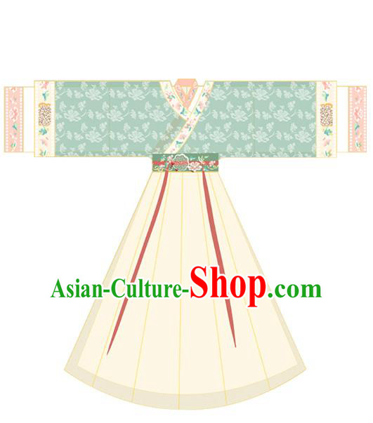 Chinese Jin Dynasty Historical Costumes Traditional Ancient Noble Lady Hanfu Apparels Blue Blouse and Skirt Full Set