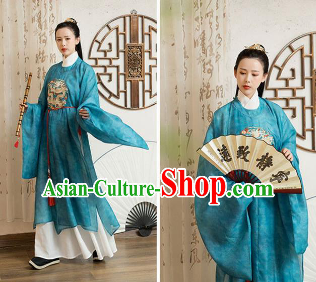 Chinese Song Dynasty Noble Childe Historical Costumes Traditional Ancient Prince Hanfu Apparels Blue Robe and Underwear for Men