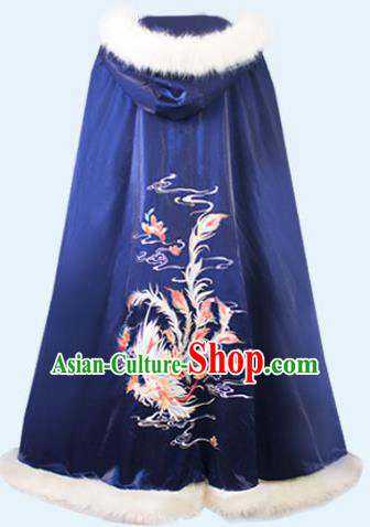 Chinese Ming Dynasty Imperial Consort Historical Costumes Traditional Ancient Noble Women Hanfu Apparels Embroidered Navy Wool Cloak