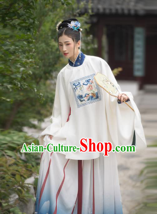 Chinese Ming Dynasty Countess Historical Costumes Traditional Ancient Patrician Women Hanfu Apparels Embroidered White Blouse and Skirt