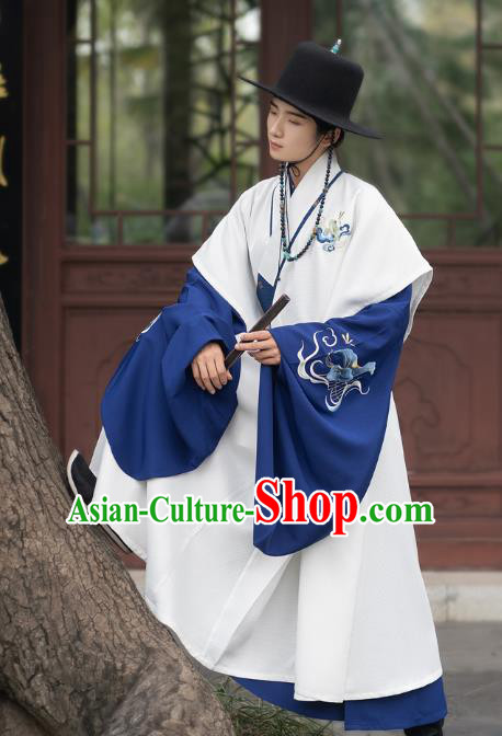 Chinese Ming Dynasty Scholar Historical Costumes Traditional Ancient Taoist Priest Hanfu Apparels Embroidered White Vest and Blue Robe