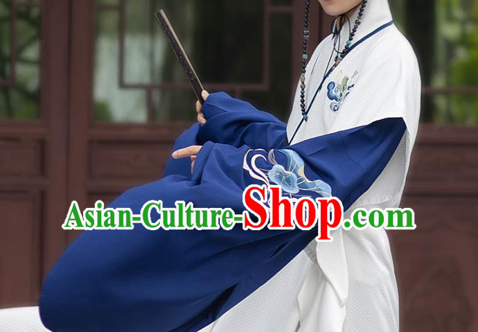 Chinese Ming Dynasty Scholar Historical Costumes Traditional Ancient Taoist Priest Hanfu Apparels Embroidered White Vest and Blue Robe