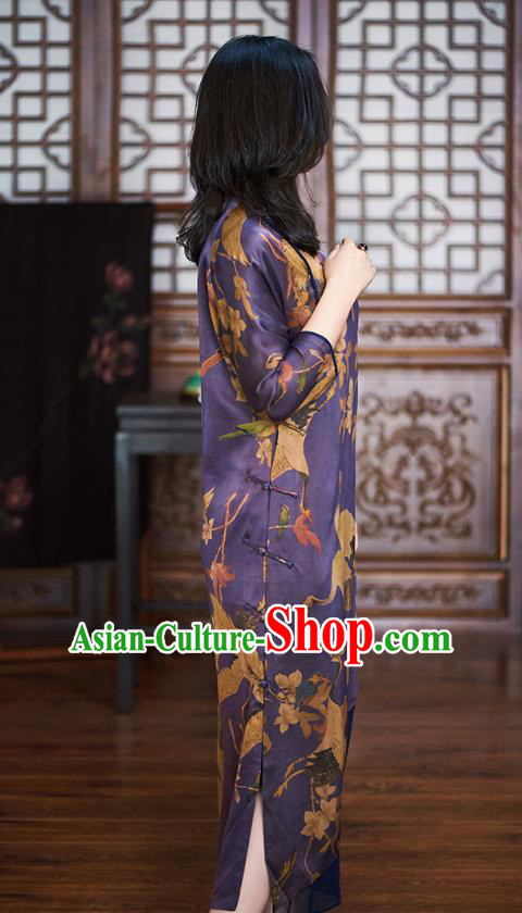 Republic of China Traditional Classical Qipao Dress National Women Clothing Printing Crane Purple Silk Cheongsam