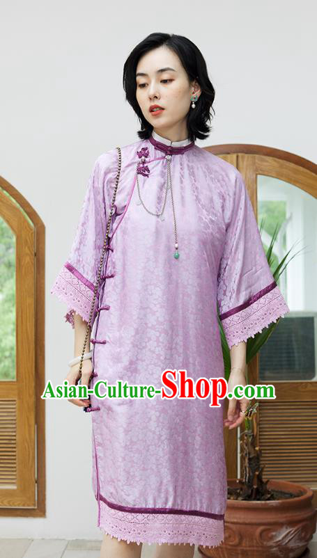 Republic of China Lilac Silk Cheongsam Traditional Classical Qipao Dress National Women Clothing