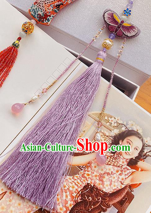 China Accessories Traditional Embroidered Butterfly Brooch Classical Cheongsam Purple Tassel Pendant