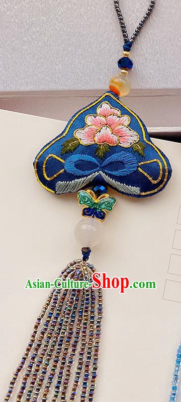 China Traditional Accessories Embroidered Peony Brooch Classical Cheongsam Blue Beads Tassel Pendant