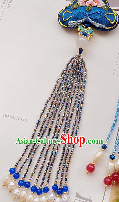 China Traditional Accessories Embroidered Peony Brooch Classical Cheongsam Blue Beads Tassel Pendant