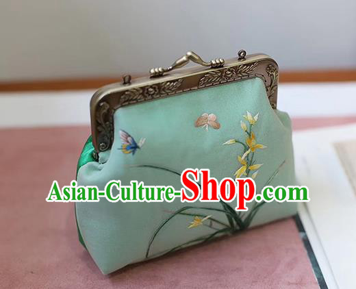 China Traditional Embroidered Green Silk Bag Suzhou Embroidery Orchids Handbag