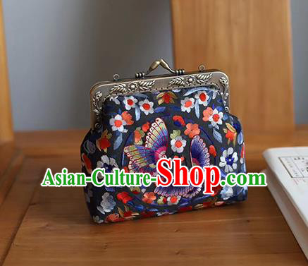 China Traditional Suzhou Embroidery Butterfly Handbag Embroidered Black Silk Bag