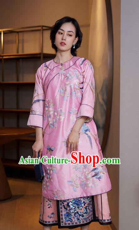 China Classical Pink Silk Qipao Dress National Women Clothing Traditional Embroidered Cheongsam