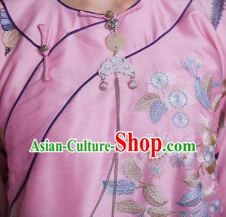 China Classical Pink Silk Qipao Dress National Women Clothing Traditional Embroidered Cheongsam