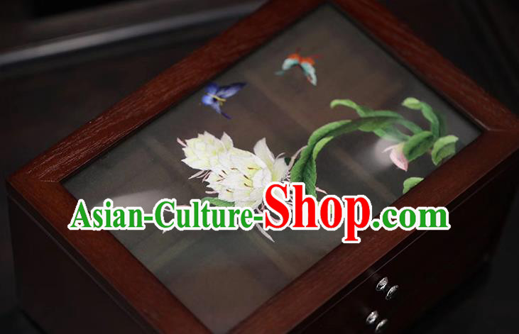 China Handmade Wood Three Layers Jewelry Box Traditional Embroidered Epiphyllum Jewel Case