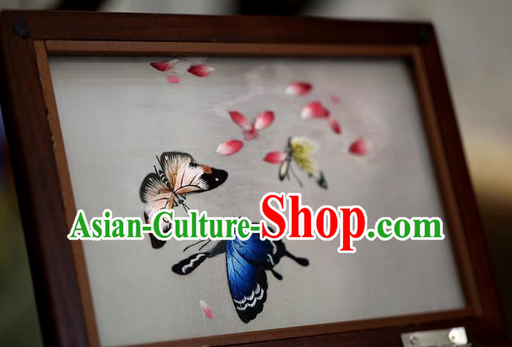China Handmade Wood Jewelry Box Traditional Embroidered Butterfly Three Layers Jewel Case