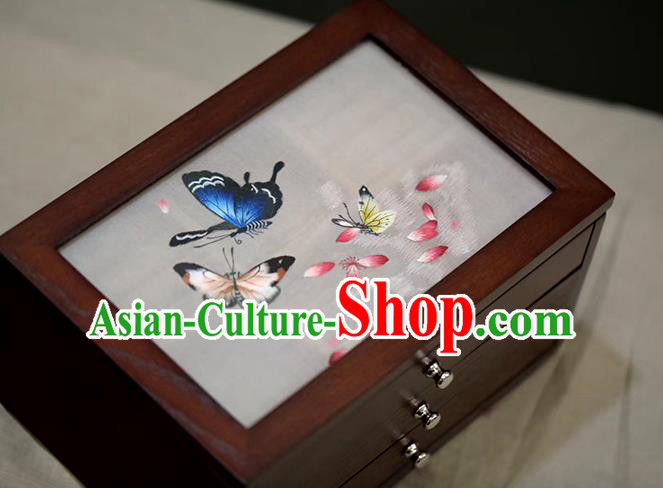 China Handmade Wood Jewelry Box Traditional Embroidered Butterfly Three Layers Jewel Case