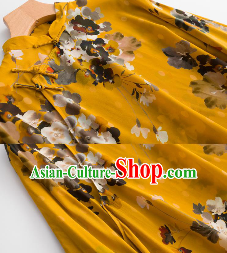 Chinese Traditional Printing Yellow Blouse Tang Suit Upper Outer Garment Classical Shirt
