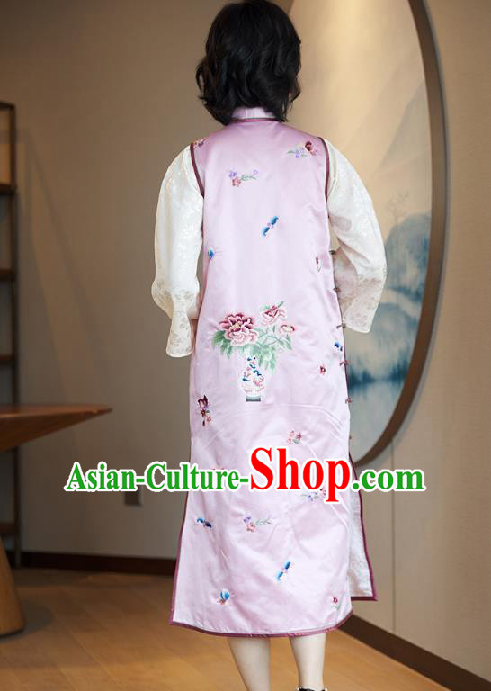 China Traditional Embroidered Sleeveless Cheongsam National Women Clothing Classical Pink Silk Qipao Dress