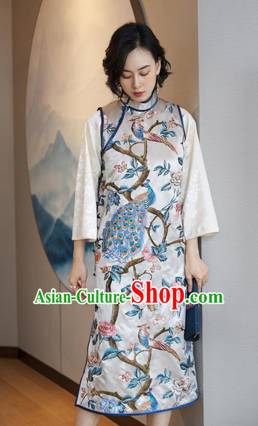 China Traditional Embroidered Peacock Sleeveless Cheongsam National Women Clothing Classical White Silk Qipao Dress
