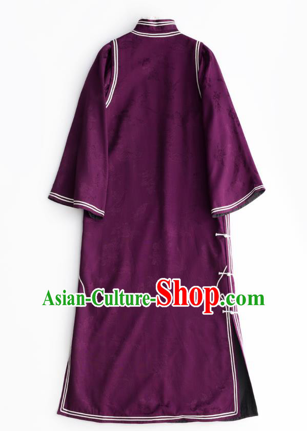 China Traditional Purple Satin Cheongsam National Women Clothing Classical Retro Qipao Dress