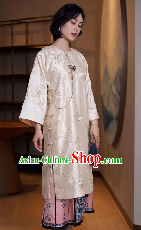China Traditional Embroidered Beige Cheongsam Classical Qipao Dress National Women Clothing