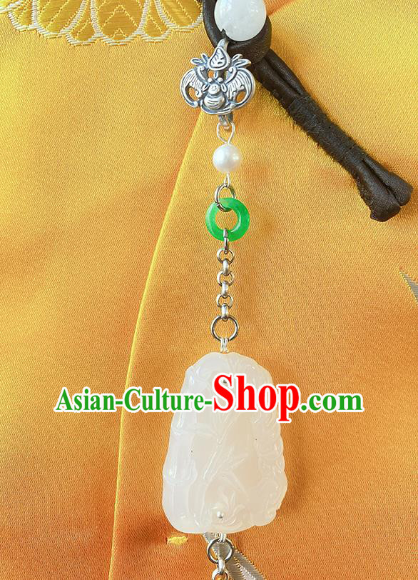 China Classical Cheongsam Tassel Pendant Accessories Traditional White Jade Carving Brooch