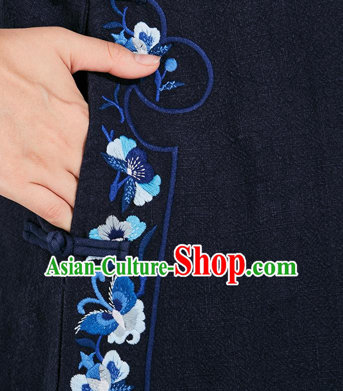 China Traditional Women Classical Flax Dress National Qipao Clothing Tang Suit Embroidered Navy Cheongsam
