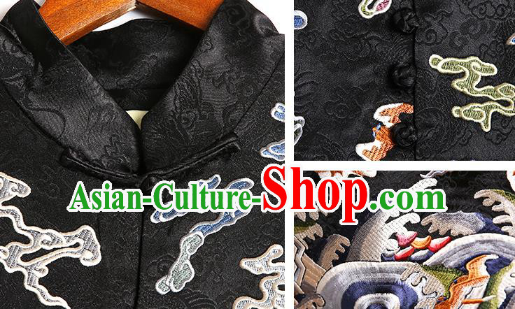 Chinese National Outer Garment Embroidered Brocade Costume Tang Suit Black Dust Coat