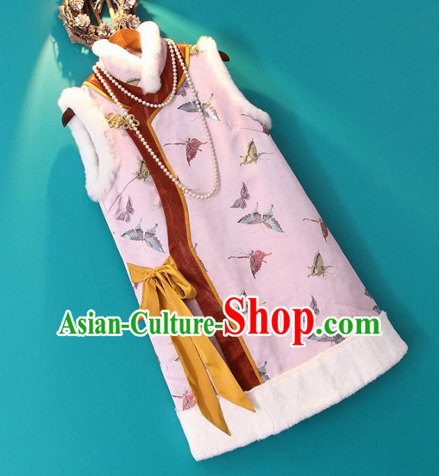 Chinese Tang Suit Winter Waistcoat Embroidered Pink Cotton Padded Vest National Outer Garment