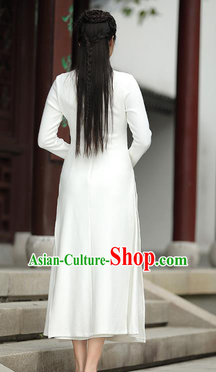 China Traditional Women Classical Dress National Qipao Clothing Tang Suit White Woolen Cheongsam