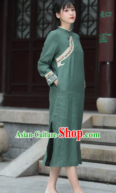 China Tea Culture Clothing Tang Suit Green Flax Cheongsam Traditional Women Classical Embroidered Dress National Qipao