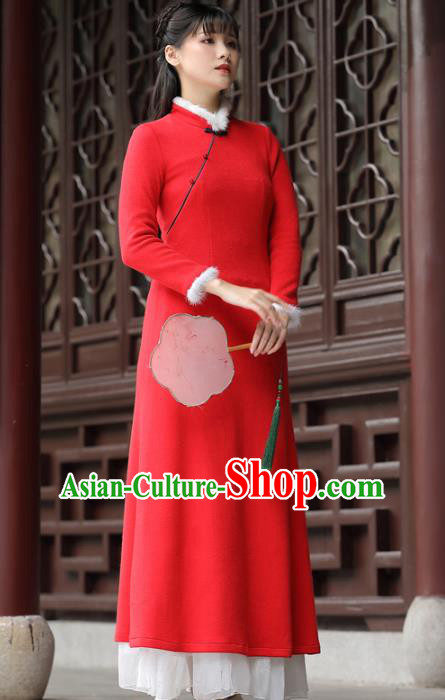 China National Winter Qipao Clothing Tang Suit Cheongsam Traditional Women Classical Red Woolen Dress