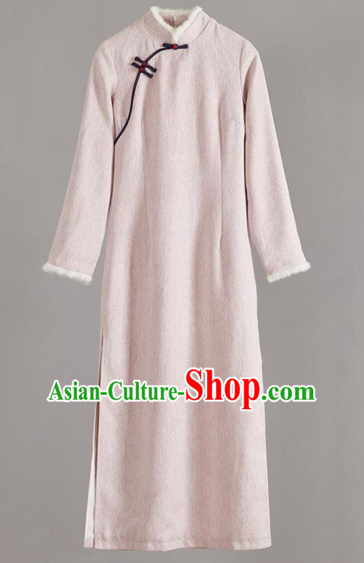 China Tang Suit Beige Woolen Cheongsam Traditional Women Classical Dress National Winter Qipao Clothing
