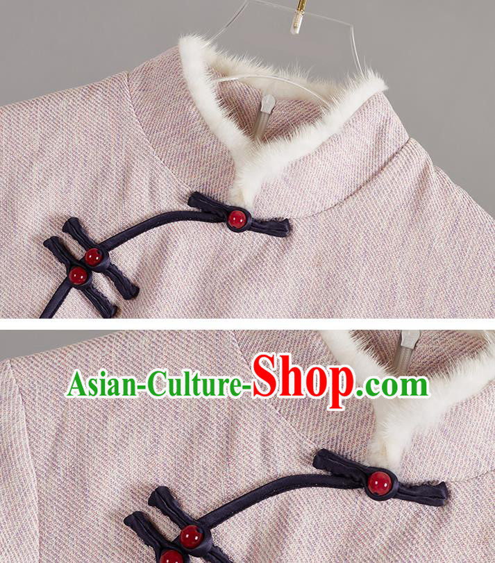 China Tang Suit Beige Woolen Cheongsam Traditional Women Classical Dress National Winter Qipao Clothing