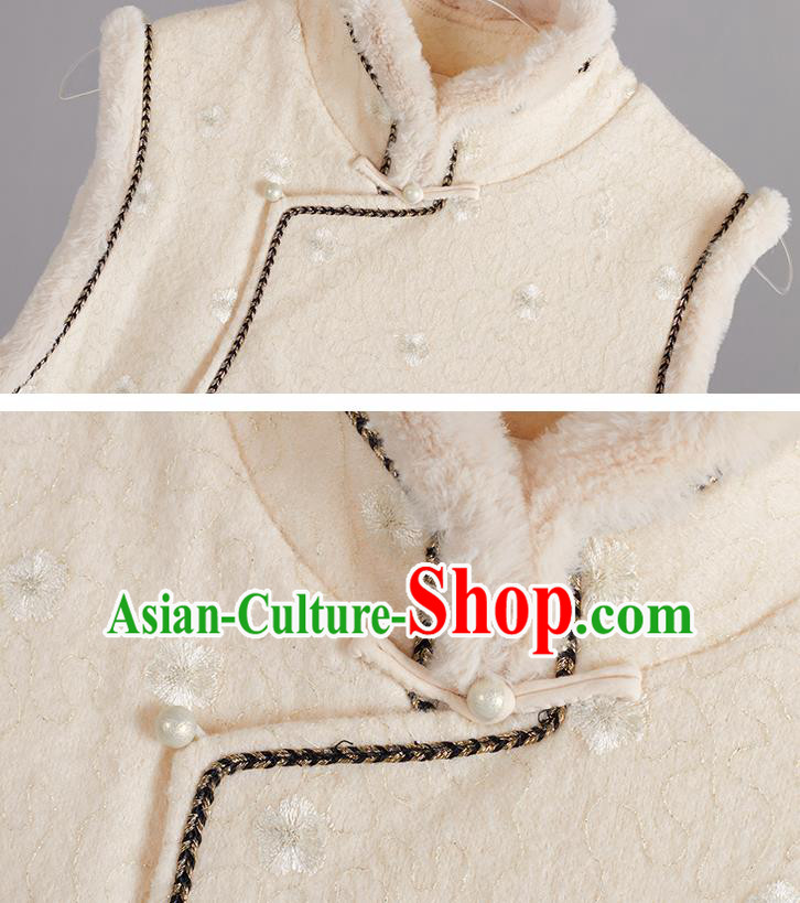 China Tang Suit Beige Woolen Vest and Cheongsam National Winter Qipao Clothing Traditional Women Classical Dress