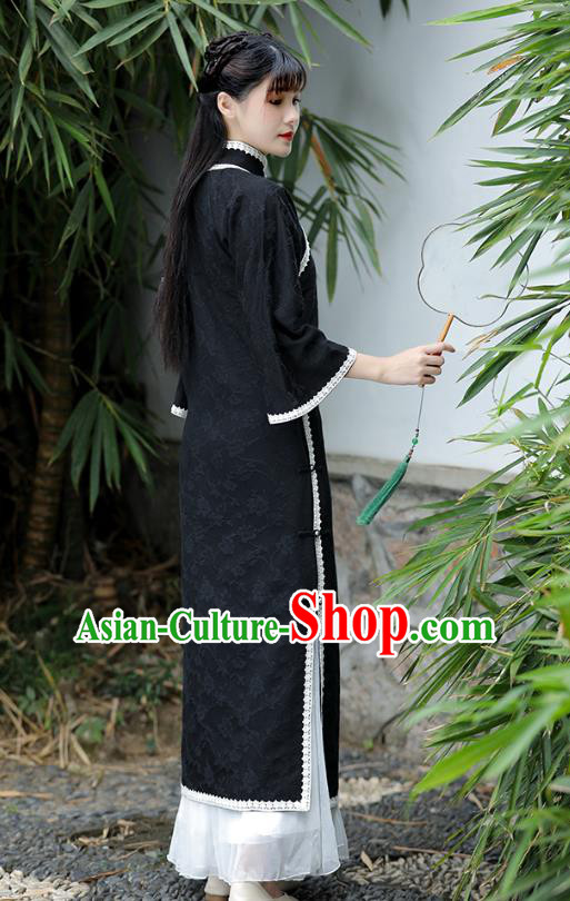 China Tang Suit Black Flax Cheongsam National Qipao Traditional Women Classical Dress Clothing