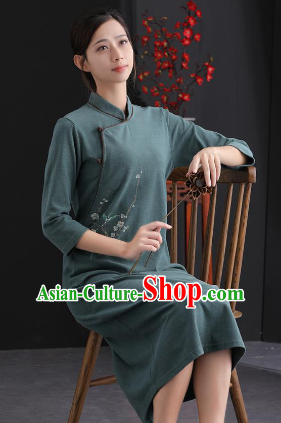 China National Qipao Traditional Women Classical Dress Clothing Tang Suit Dark Green Cheongsam