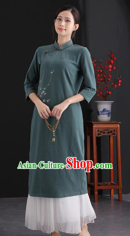 China National Qipao Traditional Women Classical Dress Clothing Tang Suit Dark Green Cheongsam