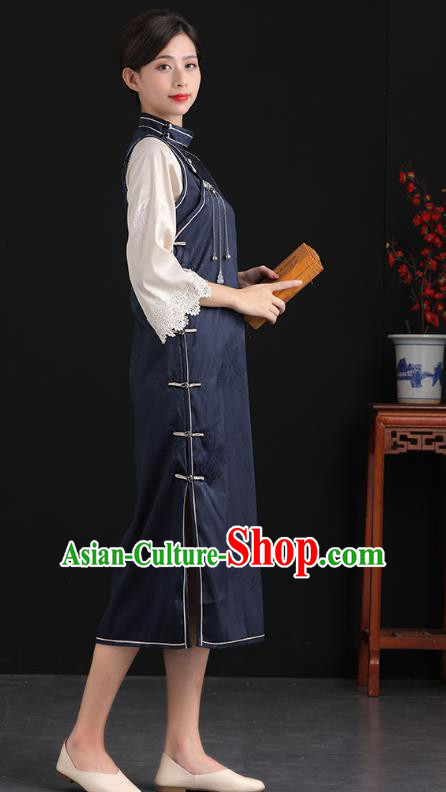 China Tang Suit National Qipao Clothing Traditional Women Classical Dress Navy Silk Cheongsam