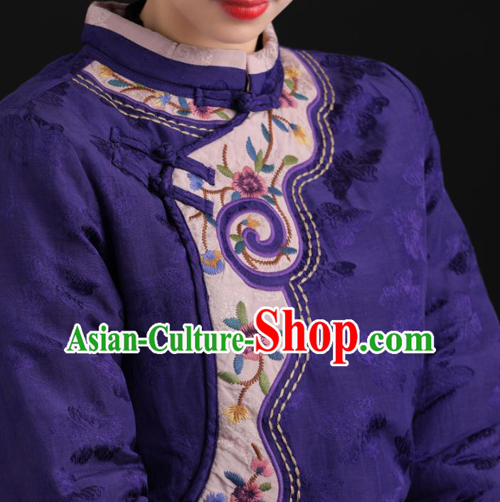 Top China Tang Suit Embroidered Clothing National Qipao Traditional Women Classical Dress Purple Flax Cheongsam