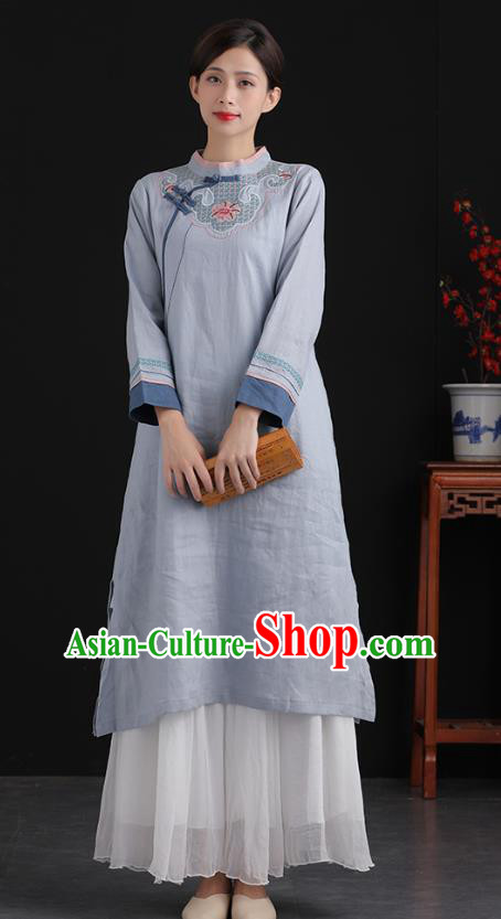 Top China Embroidered Blue Flax Cheongsam Clothing Traditional Women Classical Dress Tang Suit National Qipao